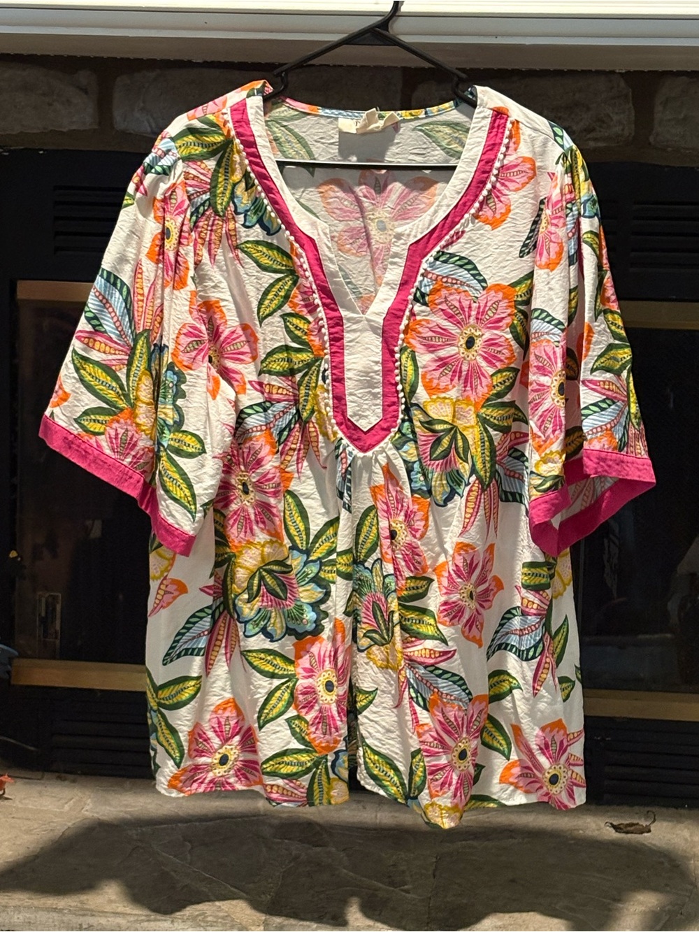 Ruby Rd. Floral V-Neck Tunic in Pink, Green, Cream and Yellow